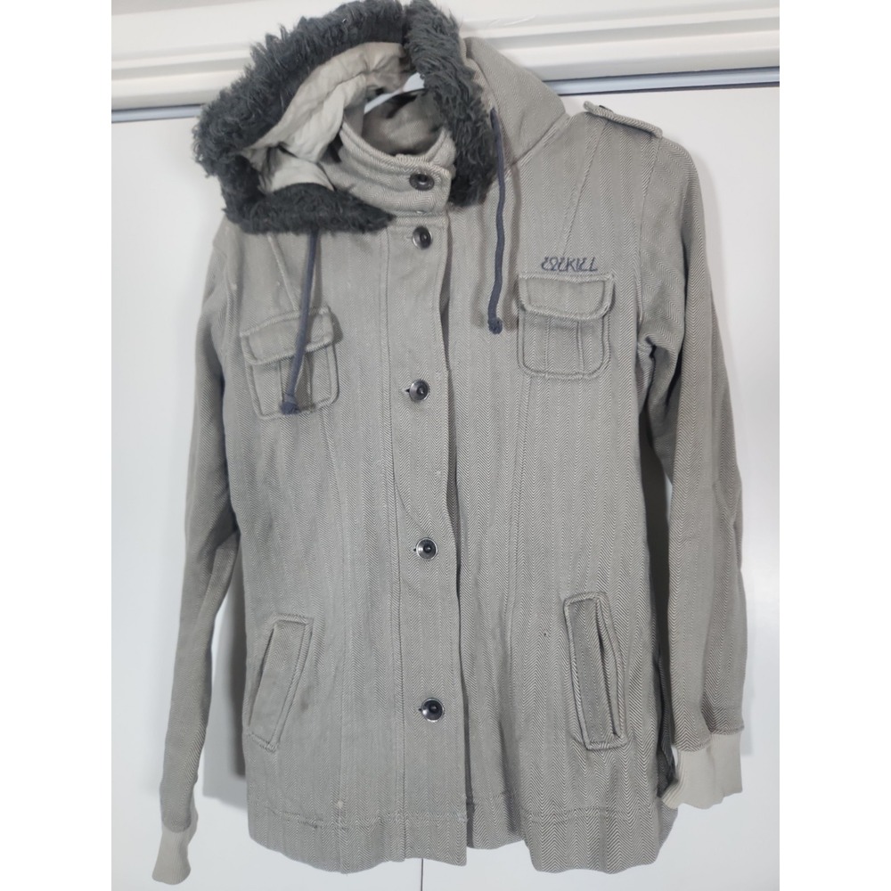 Ezekiel Jacket Womens Small Gray Herringbone Faux Fur Lined Hooded Button Up Y2k